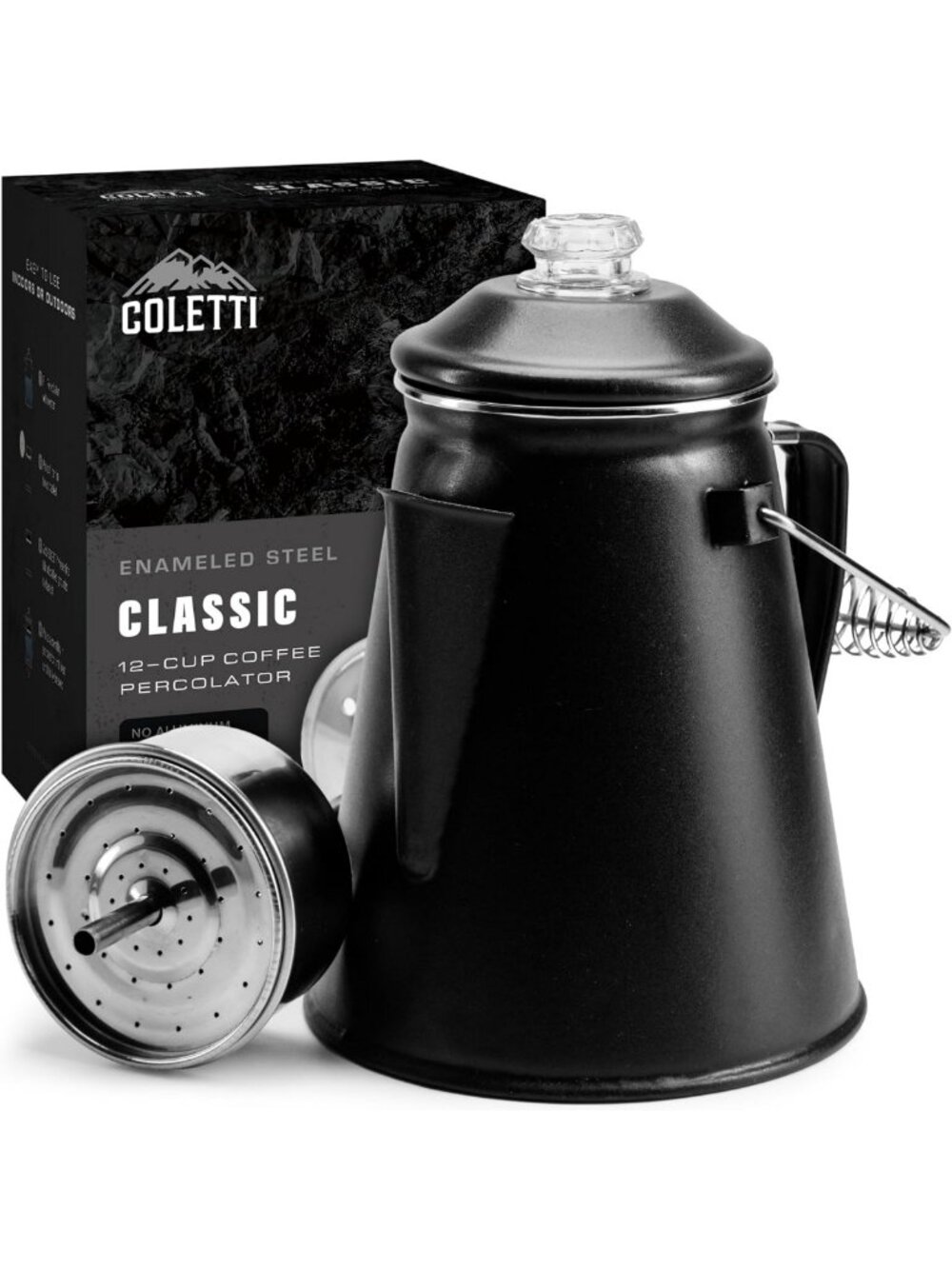 Classic 12-Cup Camping Coffee Pot - Nostalgic Matte Gray Enamel Percolator